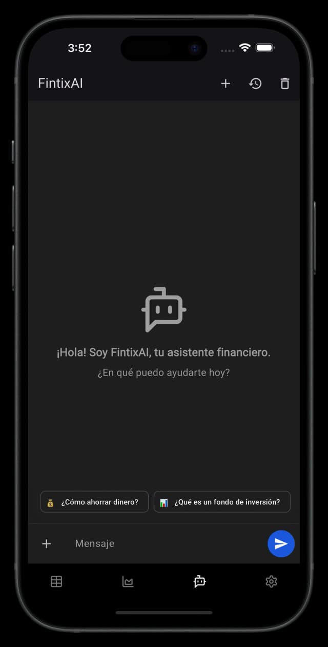 Captura de pantalla del asistente de IA de FintixAi respondiendo preguntas sobre finanzas personales