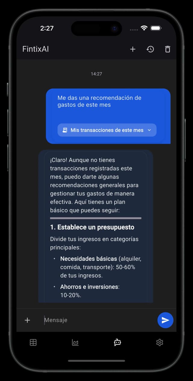 Captura de pantalla de FintixAi mostrando recomendaciones personalizadas para mejorar las finanzas del usuario