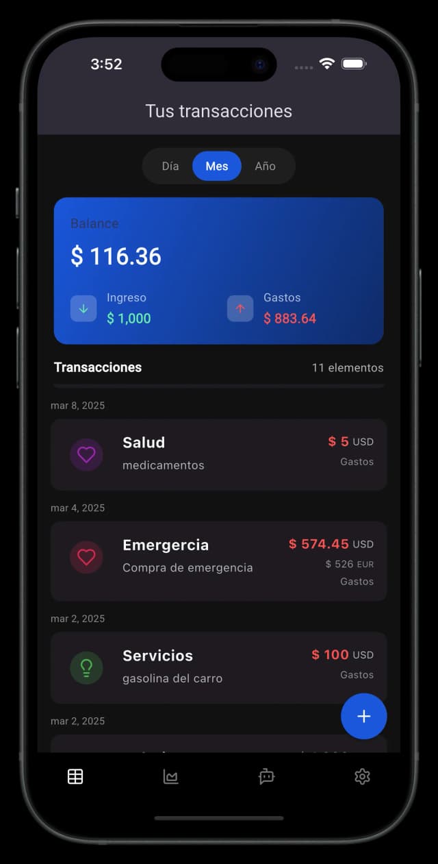 Captura de pantalla de la app FintixAi mostrando el panel de control de finanzas con gráficos y resumen de gastos